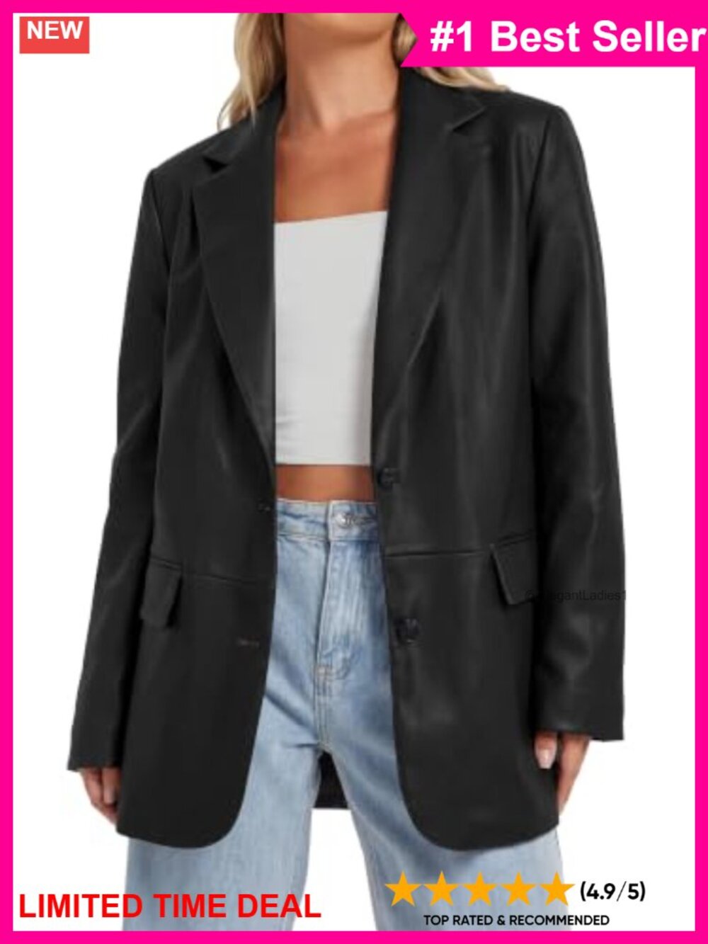 Faux Leather Blazer Jacket Loose Fit Flap Pockets Button Down